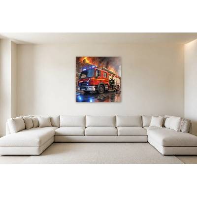 Obraz na plátně – Hasičské auto u hořící budovy 135 × 135 cm