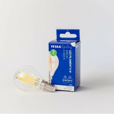 Tesla LED žiarovka miniglobe FILAMENT RETRO E14,6 W, 230 V, 806 lm, 25000 h, 4000 K denná biela, 360 st, číra MG140640-1