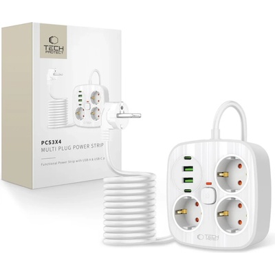 Tech-Protect PCS3X4 разклонител с 2x USB, 2x Type-C и 3 контакта, 200 см, бял (5906302363421)