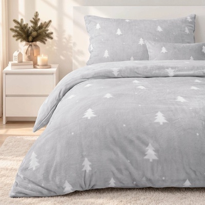 Goldea Vianočné mikroplyš obliečky deluxe biele stromčeky na sivej 220x200 2x70x90