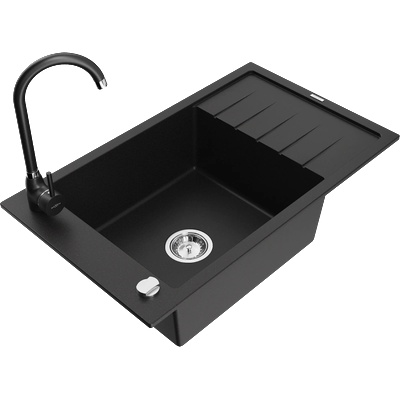 Mexen Elias гранитна мивка с 1 отделение и отцедник и кухненски смесител Telma, черен - 6511-77-670200-70 (6511-77-670200-70)