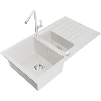 Mexen Matias гранитна мивка 1, 5-коморна със сушилник и кухненски смесител Flora, бял - 6502-20-670401-02 (6502-20-670401-02)