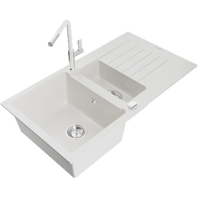 Mexen Matias гранитна мивка 1, 5-коморна със сушилник и кухненски смесител Flora, бял - 6502-20-670401-02 (6502-20-670401-02)