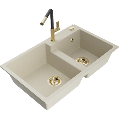 Mexen Tomas гранитна кухненска мивка с 2 камери и батерия Flora, бежова - 6516-69-670401-57-G (6516-69-670401-57-G)