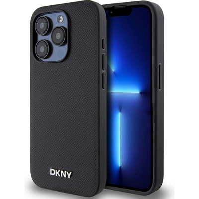 DKNY PU Leather Silver Metal Logo Magsafe pre Apple iPhone 15 Pro, čierna