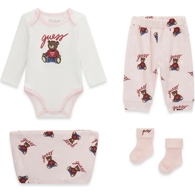 Guess Бяло боди, панталон в розово с мечета, чорапи и несесер за новородено момиче Guess