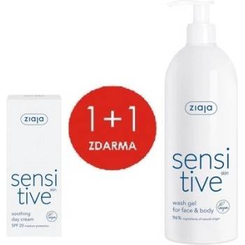 Ziaja Sensitive Skin SPF20 zklidňující denní krém redukující podráždění 50 ml + Sensitive Skin krémový mycí gel pro citlivou pokožku 400 ml darčeková sada
