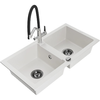 Mexen Mario двоен кухненски мивка от гранит с кухненски смесител Duo, бял - 6504-20-671701-07-B (6504-20-671701-07-B)