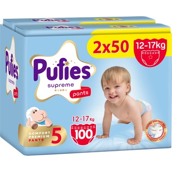 pufies Пелени гащи Pufies Supreme - Размер 5 Junior, 100 броя, 12-17 kg, 2 х Jumbo Pack (54000282)