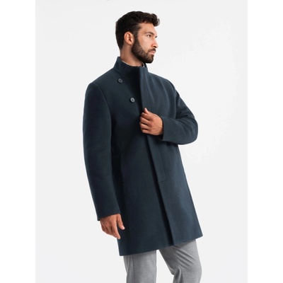 Ombre Clothing pánský kabát s asymetrickým zapínáním a vysokým límcem tmavě modrý