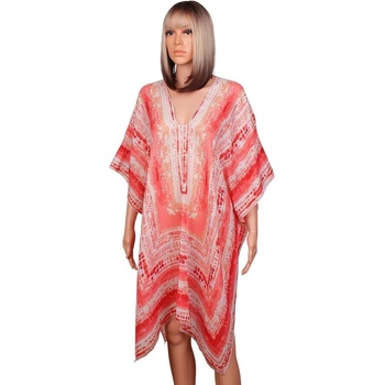 Плажна туника с принт в розов корал и златисто ламе