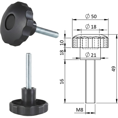 Kovoinox Aretační šroub, ø 50 mm, M8 x 16 mm, polyamid, černá – Zbozi.Blesk.cz