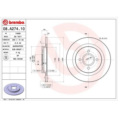 BREMBO Brzdový kotúč plny Ø280mm 08.A274.10