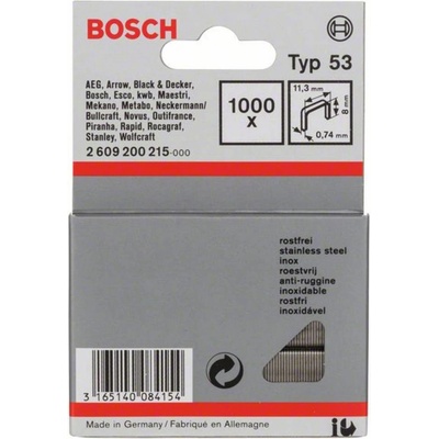 Fine wire staple, type 53 11,4 x 0,74 x 8 mm 1000 ks Bosch Accessories 2609200215 Rozmery (d x š) 8 mm x 11.4 mm; 2609200215