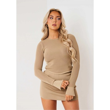 Image 1 of Missy Empire Sheer Knit Flare Cuff Top Womens - Tan