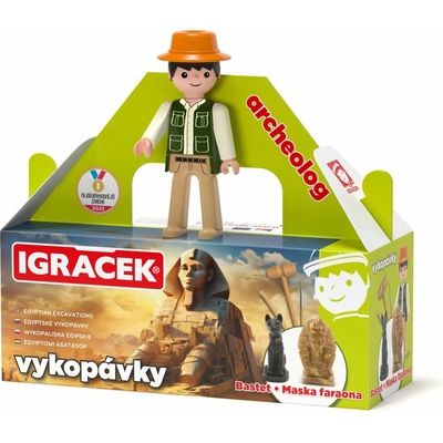 EFKO Igráček Archeológ s egyptskými vykopávkami masky faraóna a sošky bohyne Bastet