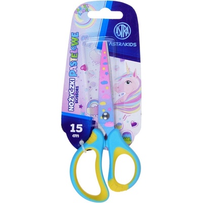 ASTRA Školské nožnice pre deti PASTELOVÉ 15 cm UNICORN ŽLTÁ MODRÁ