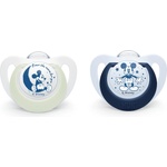 Nuk Силиконови залъгалки NUK - Mickey Night & Day, 18-36 месеца, 2 броя, Бяло и Синьо + кутийка за съхранение и стерилизация (10177214-Бяло/Синьо)