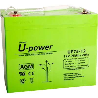 Master U-Power U-Power AGM battery 12V 75Ah, VRLA lead battery maintenance-free, rechargeable, screw connection M6, for UPS/UPS, alarm systems, solar systems & security