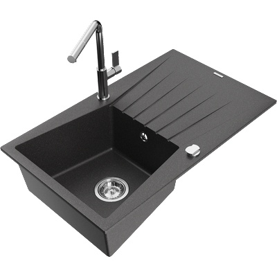 Mexen Cesar кухненска мивка от гранит с 1 отделение с отцедник и кухненски смесител Flora, черен на петна - 6514-76-670401-00 (6514-76-670401-00)