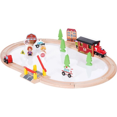 Дървена железопътна композиция с влак, мост и сгради, 70 части