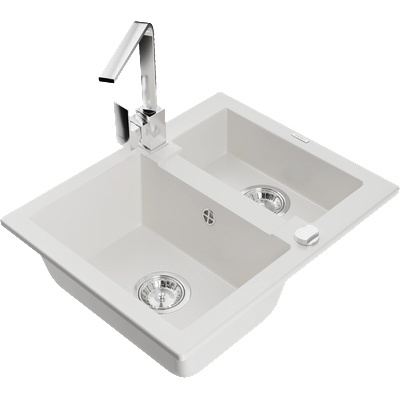 Mexen Carlos гранитна мивка 1, 5-корпусна с кухненски смесител Рита, бял (6518-20-670300-00)