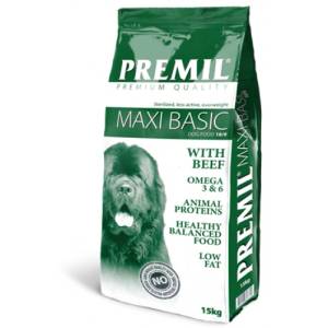 PREMIL Premium Maxi Basic 17/8 - пълноценна храна за пораснали кучета от средни и едри породи, кастрирани и предразположени към наднормено тегло, с пилешко, свинско и телешко месо, 15 кг - Сърбия