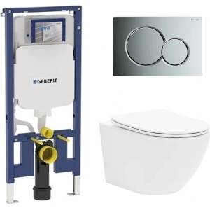 Rune Комплект казанче за вграждане Geberit Duofix Sigma с комплект за фиксиране, хромиран бутон Sigma01, плюс бяла тоалетна чиния Rune Ivaldi с тънък капак softclose (111.796.00.2+115.770.21.5+594054133040