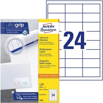 Avery-Zweckform 3658 64.6 x 33.8 mm papier biela 2400 ks trvalé univerzálne etikety atrament, laser, kópie 100 listov A4; 3658