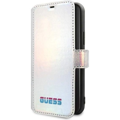 GUESS Iridescent Booktype Case - дизайнерски кожен калъф, тип портфейл за iPhone 11 Pro Max (сребрист)