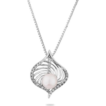 Image 1 of Swan Сребърно колие листо с бяла сладководна перла и цирконий SP0471 Swan