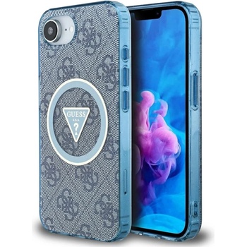 GUESS IML Metal Glitter 4G Circle Triangle MagSafe Case за iPhone 16e - син