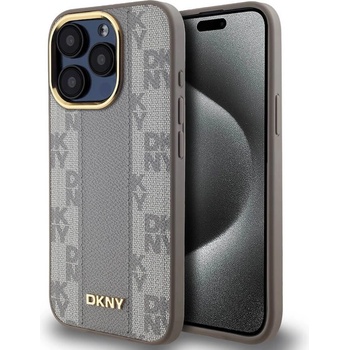 DKNY Checkered Pattern Leather Hard Magsafe Case - дизайнерски кожен кейс с MagSafe за iPhone 15 Pro (бежов)