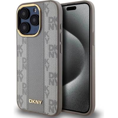 DKNY Checkered Pattern Leather Hard Magsafe Case - дизайнерски кожен кейс с MagSafe за iPhone 15 Pro (бежов)