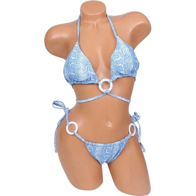 Дамски бански в синьо със змийски принт и връзки