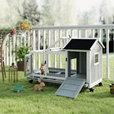 PawHut pojízdná dřevěná králíkárna 108 x 58 x 73,5 cm šedá