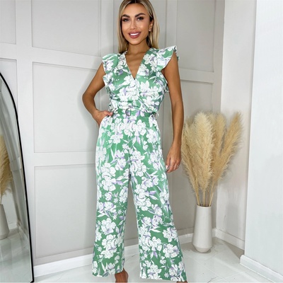 AX Paris Green Printed Wrap Front Frill Sleeve Belted Jumpsuit - Green