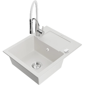 Mexen Enzo гранитна кухненска мивка с 1 отделение, сушилник и кухненски смесител Aster, бял - 6506-20-73450-02 (6506-20-73450-02)