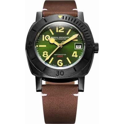 Nivada Grenchen Depthmaster - Black and Green - Brown Leather White Stitching