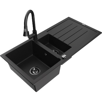 Mexen Andres гранитна мивка 1, 5-камерна с отцеждач и кухненски смесител Elia, черен - 6515-77-670101-70-B (6515-77-670101-70-B)