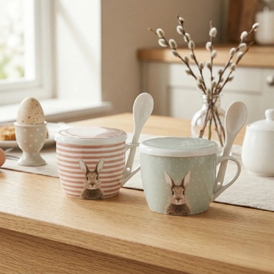 Boltze Home Porcelánový hrnek s víkem a lžicí FLUFFY zajíček růžový 600 ml