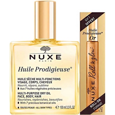 NUXE Комплект Nuxe: Huile Prodigieuse Or Multi-Purpose масло за тяло за тяло лице и коса 100 мл + Huile Prodigieuse Or многофункционално подхранващо рол-он масло за тяло 8 ml