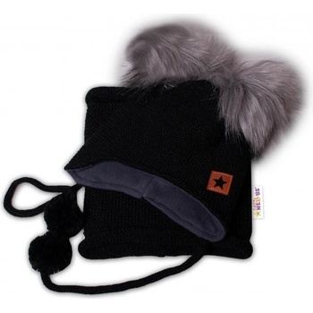 Baby Nellys zimní čepice s fleecem a chlupáčková bambule Star komínek černá