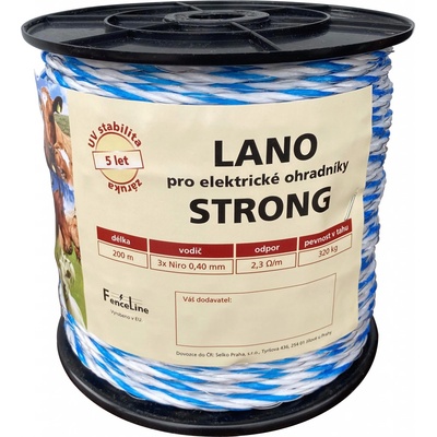 Lano STRONG pro el. ohradník, 4,5 mm, 3x0,40 mm Niro, 200 m, bílo-modrá
