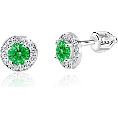 Duppi dievčenské náušnice okrúhle DU 32039 z bieleho zlata s kamienkami uprostred zelenými okolo bielymi zapínánie balónik