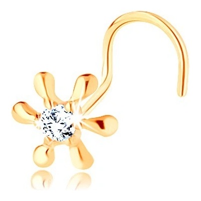 Šperky eshop piercing do nosu ze žlutého zlata lesklý květ se zirkonem zahnutý GG141.07