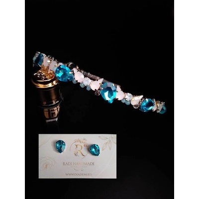 Radi handmade Официална диадема с обици със сини и бели прозрачни камъни (490)