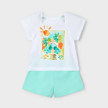 Mayoral Комплект шорти в цвят аква и бяла тениска с апликация за мини момиче Майорал