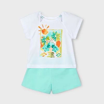 Mayoral Комплект шорти в цвят аква и бяла тениска с апликация за мини момиче Майорал