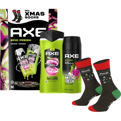 Axe Epic Fresh sprchový gél na tvár telo a vlasy 400 ml + Axe Epic Fresh deodorant a telový sprej 48h 150 ml + Axe pánske ponožky 1 ks kozmetická sada
